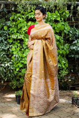 Mustard Tanchoi Silk Saree in Dual Tones(Wine color and Mustard)