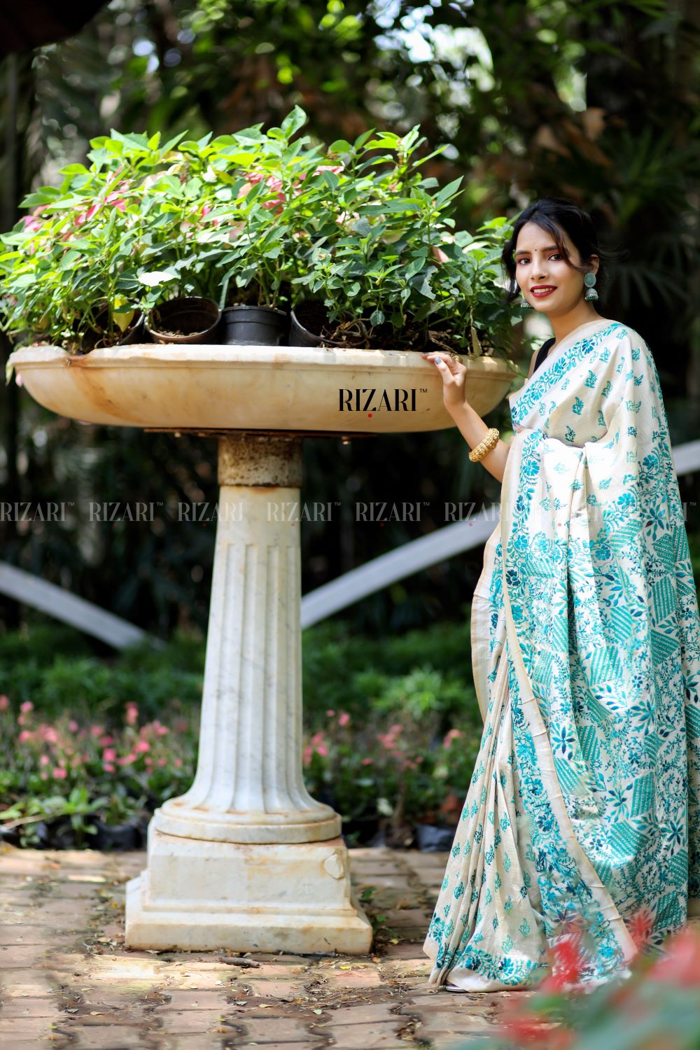 Off White Tussar Saree with block printing and Katha embroidery in green