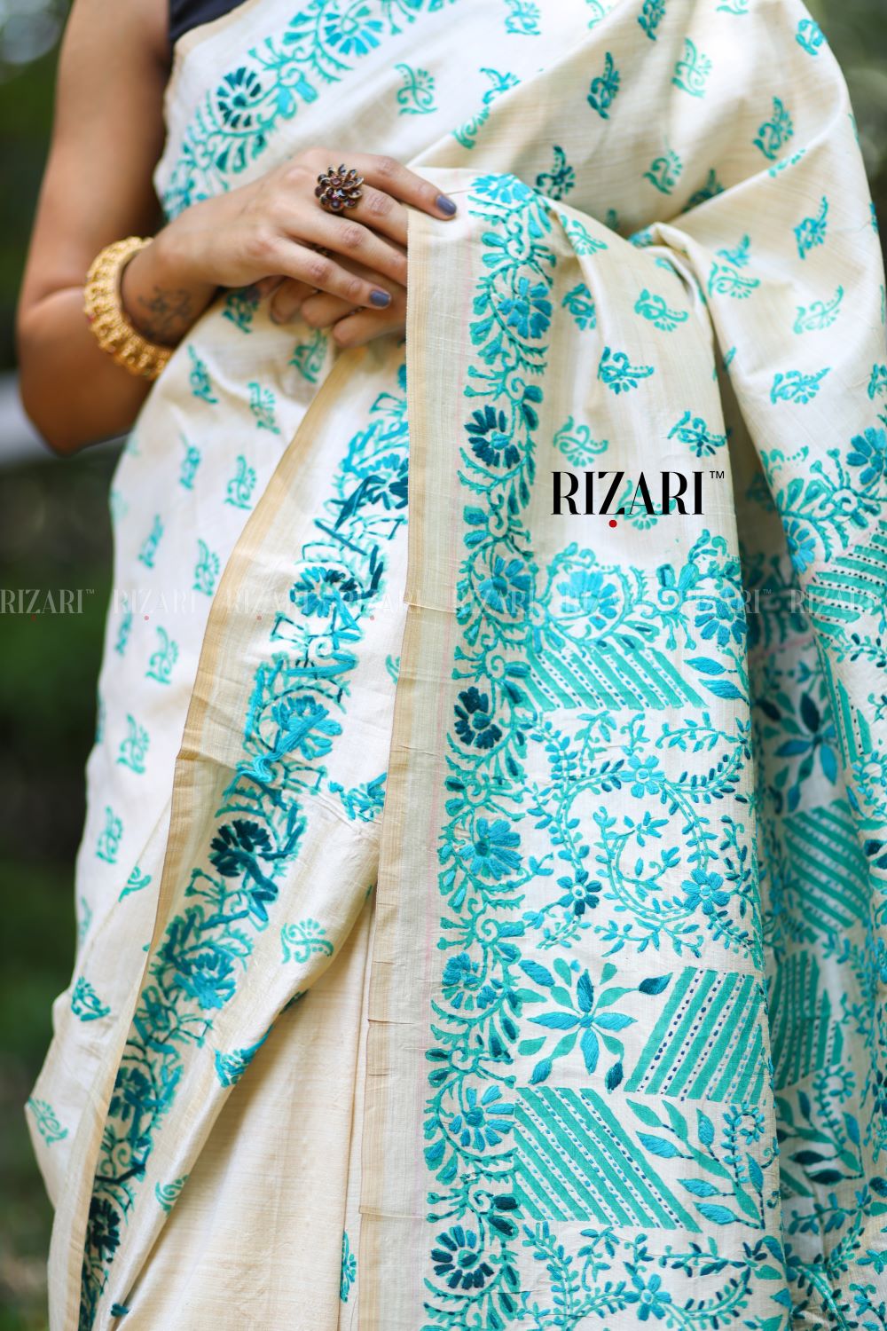 Off White Tussar Saree with block printing and Katha embroidery in green