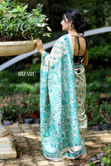 Off White Tussar Saree with block printing and Katha embroidery in green