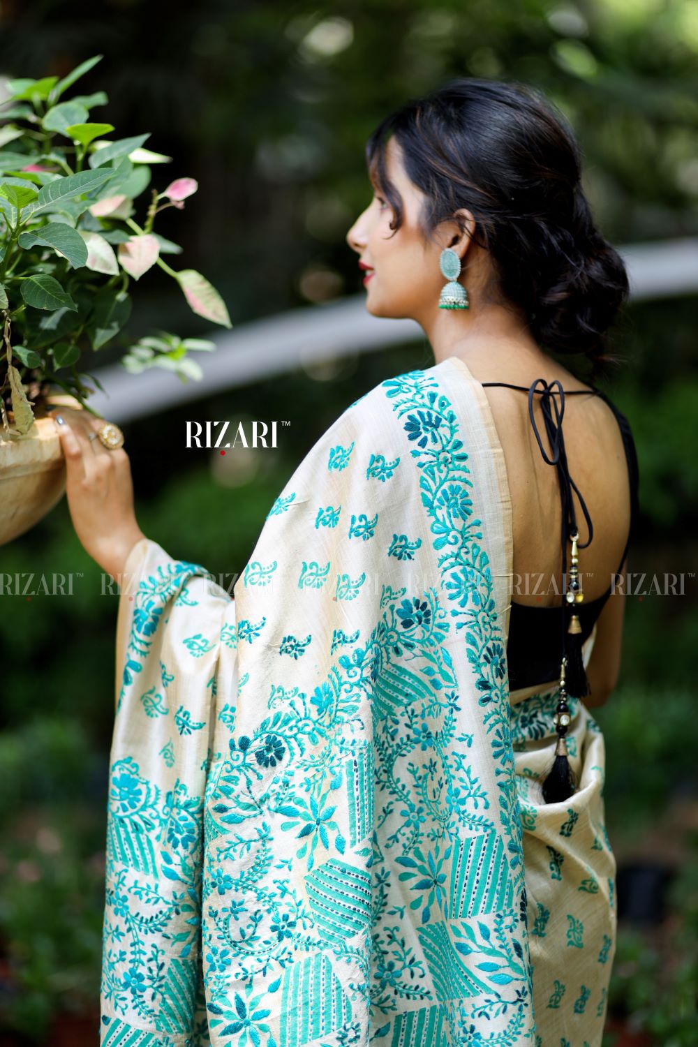 Off White Tussar Saree with block printing and Katha embroidery in green