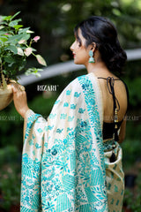 Off White Tussar Saree with block printing and Katha embroidery in green