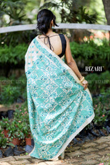 Off White Tussar Saree with block printing and Katha embroidery in green