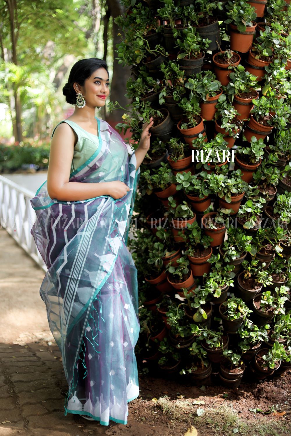 Green and Purple Dual Tone Jamdani Resham Saree Handwoven