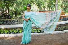 Aquamarine Handmade Linen Saree with geometric weaving pattern on Pallu