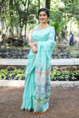 Aquamarine Handmade Linen Saree with geometric weaving pattern on Pallu