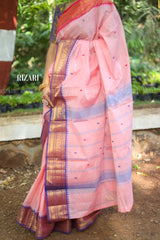 Peach  Chettinad cotton saree  with Ganga Jamuna temple borders with buttas in pink and purple