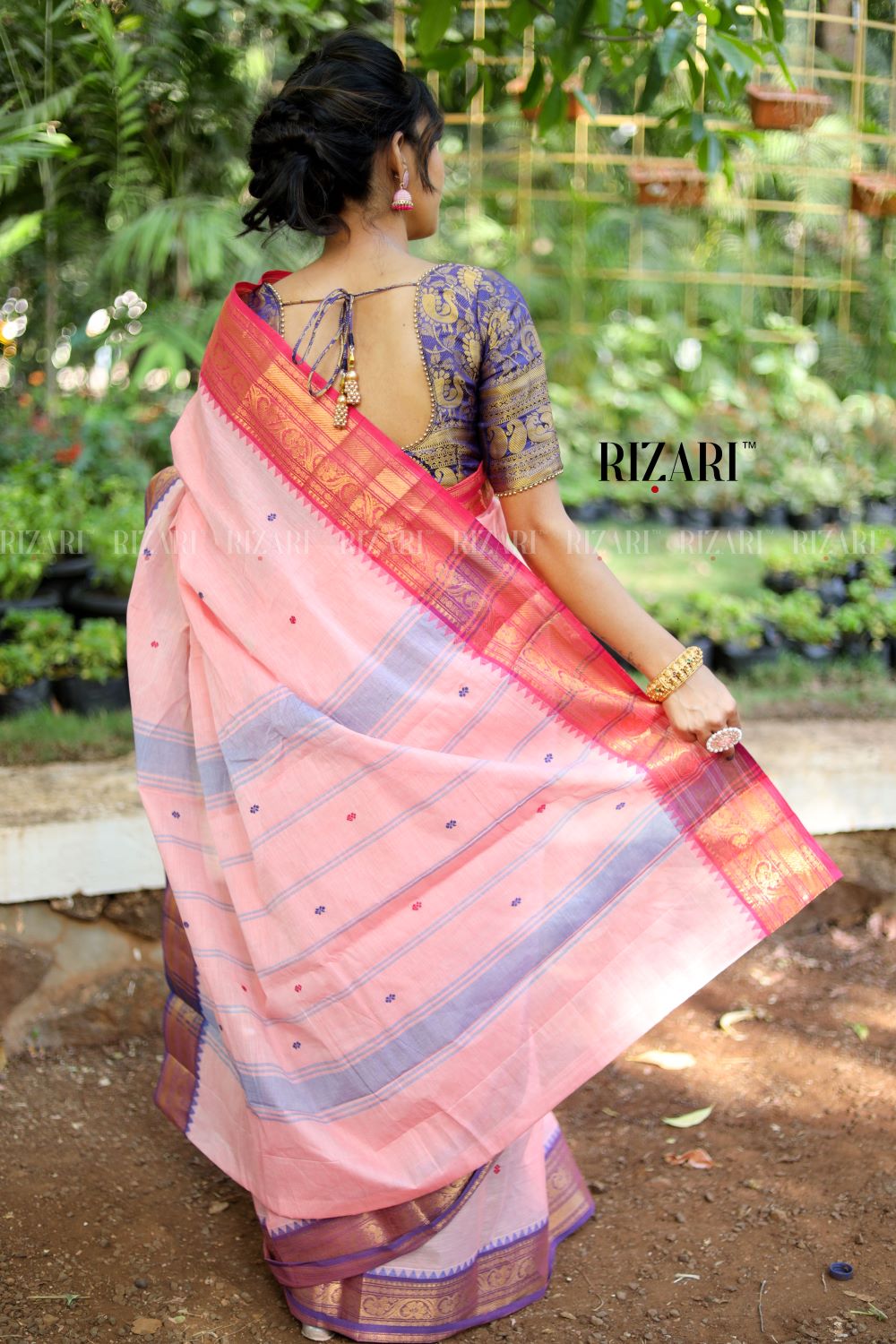 Peach  Chettinad cotton saree  with Ganga Jamuna temple borders with buttas in pink and purple