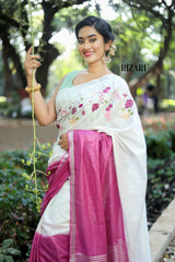 Onion pink and Off White Linen Saree with Embroidery