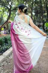 Onion pink and Off White Linen Saree with Embroidery