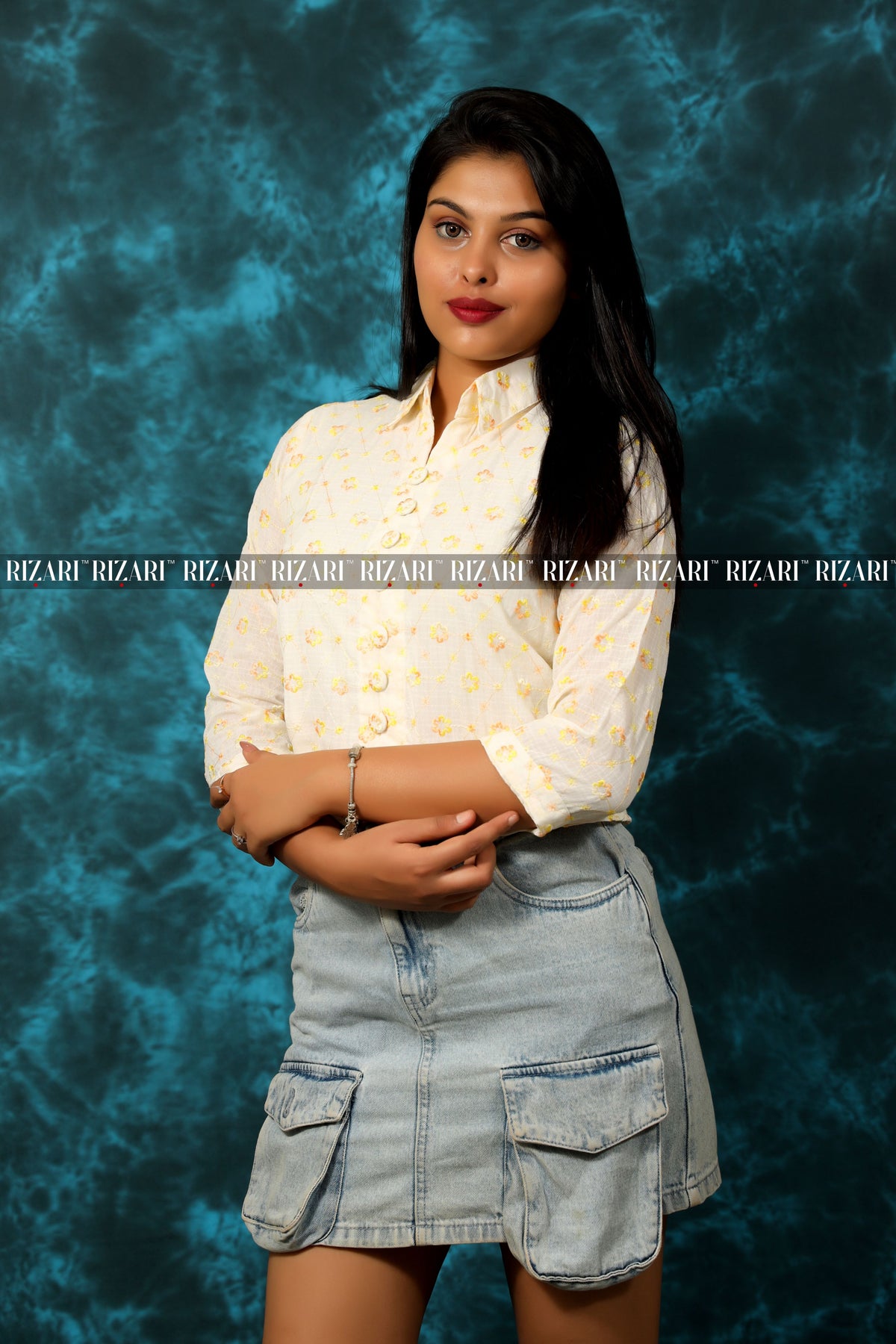 Embroidered Crop Top with Shirt Collar
