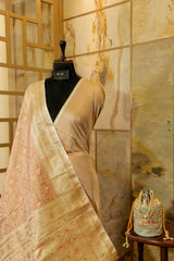 Off White Tanchoi Silk Saree in Dual Tones(off white and Pastel Pink)