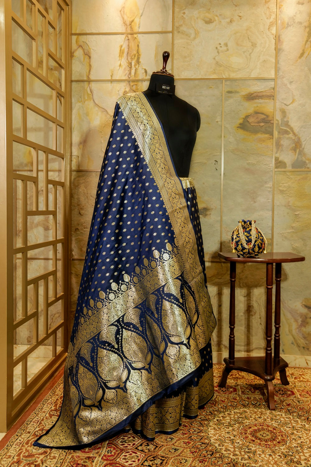 Navy Blue Banarasi Katan Silk Saree with light gold jari