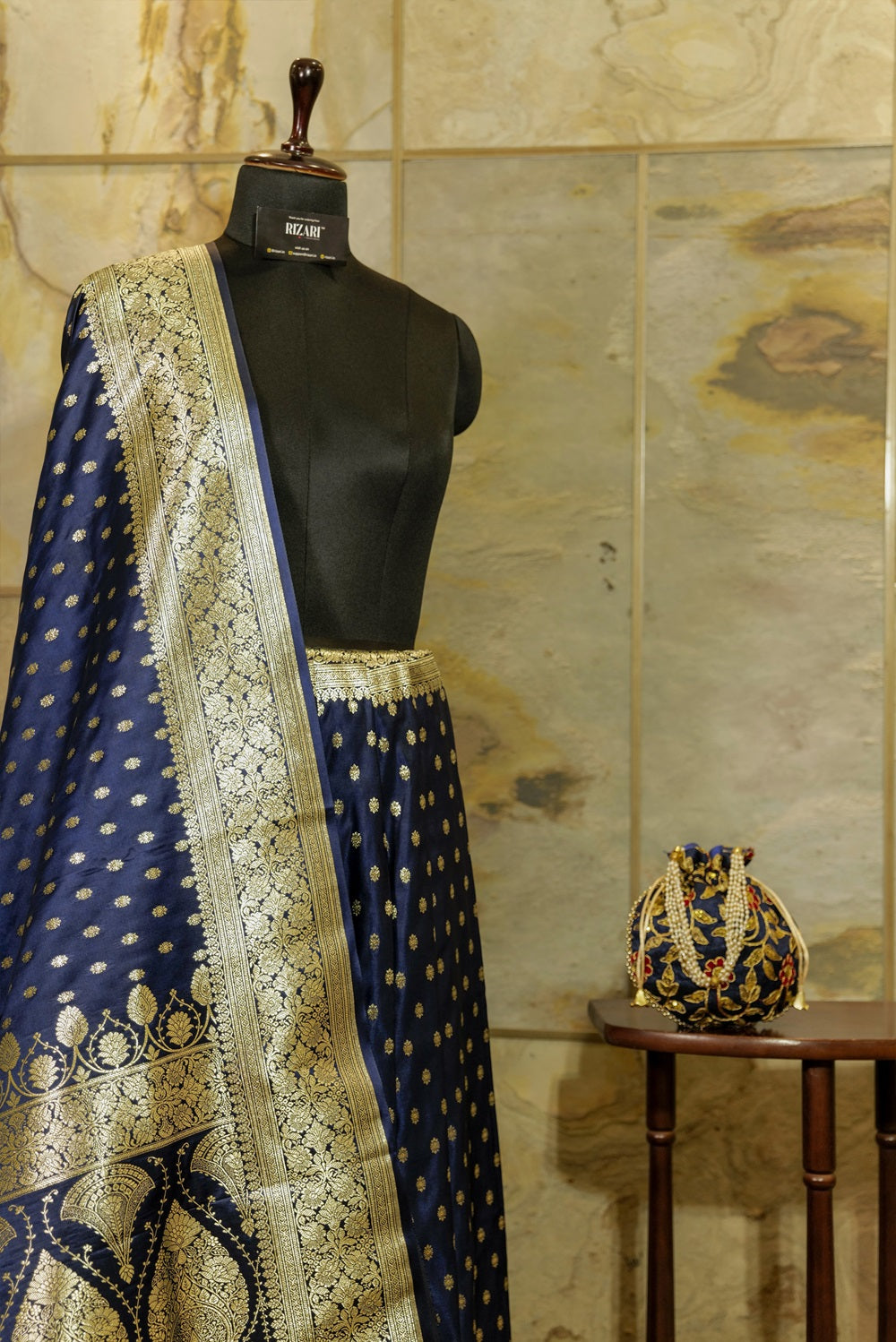 Navy Blue Banarasi Katan Silk Saree with light gold jari