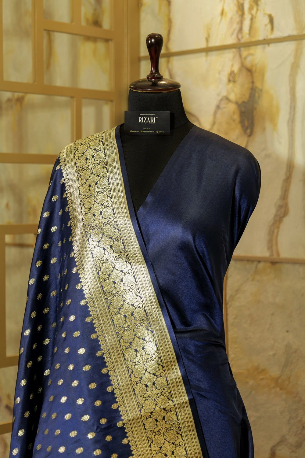 Navy Blue Banarasi Katan Silk Saree with light gold jari