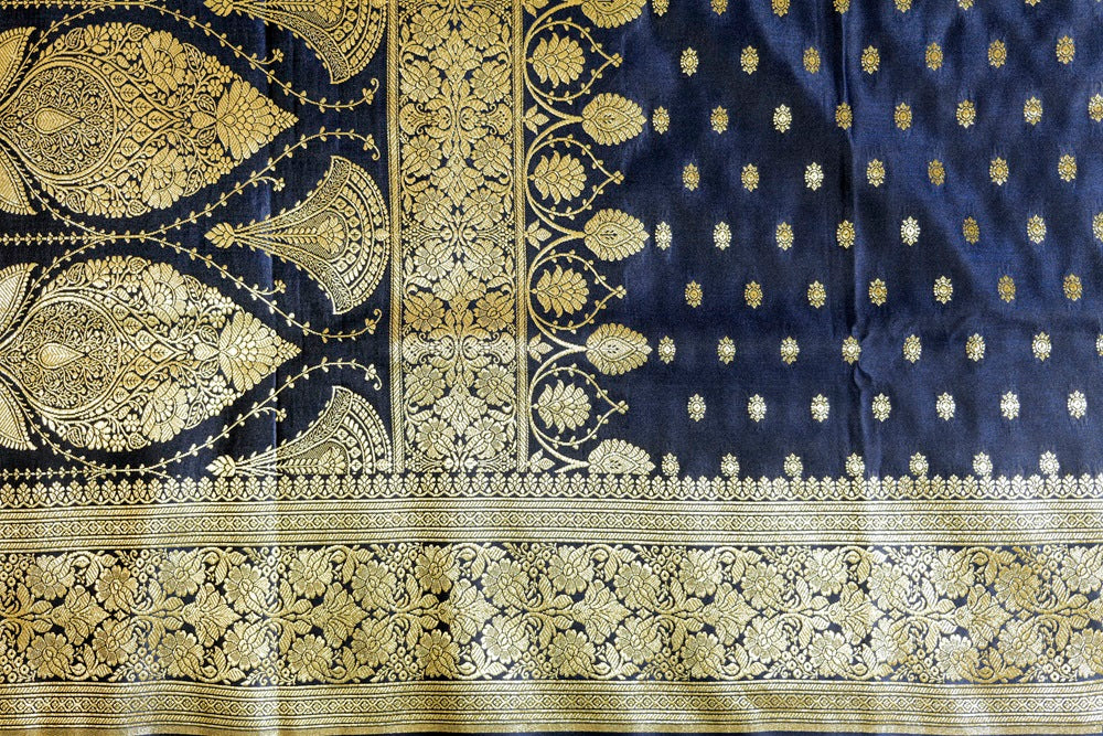 Navy Blue Banarasi Katan Silk Saree with light gold jari