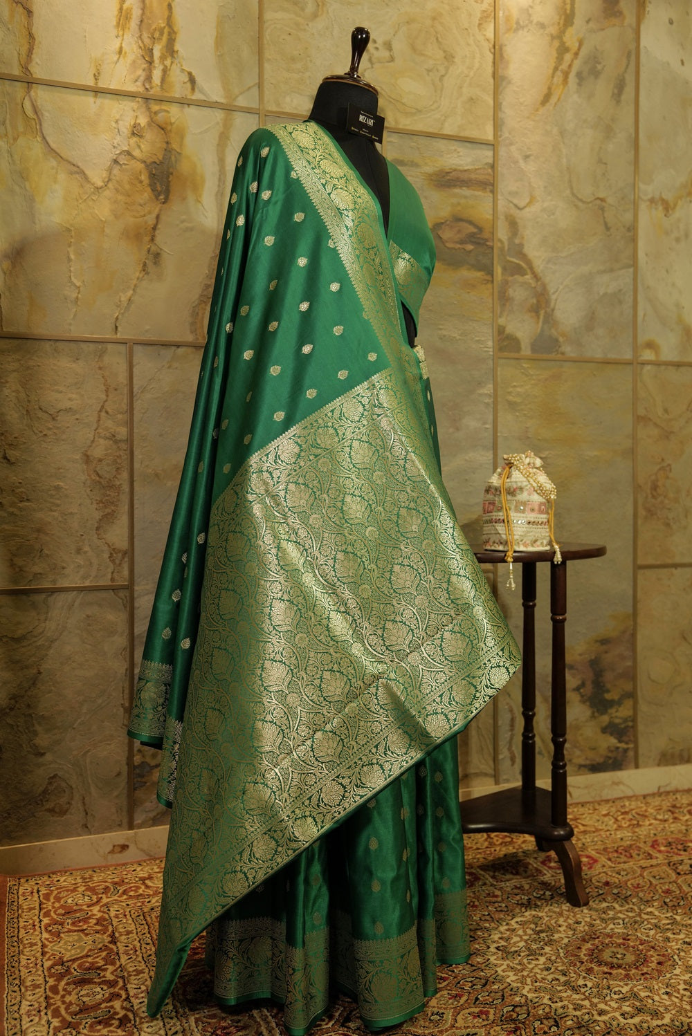 Green Banarasi Silk with Light Gold jari