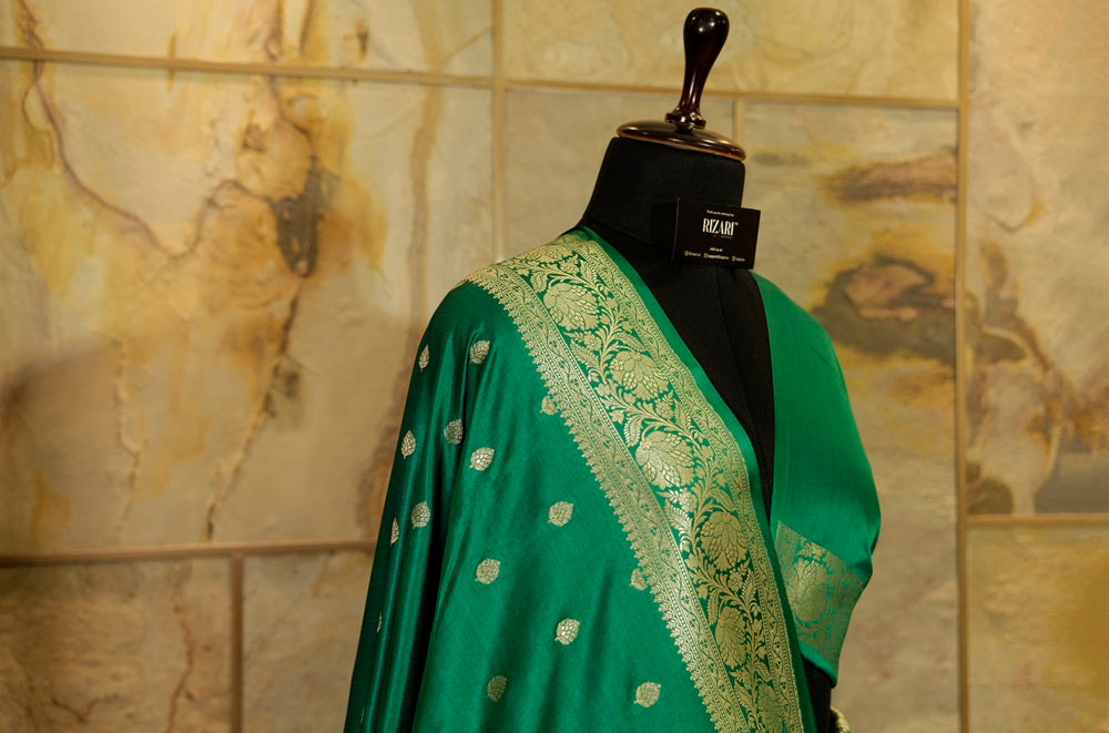 Green Banarasi Silk with Light Gold jari