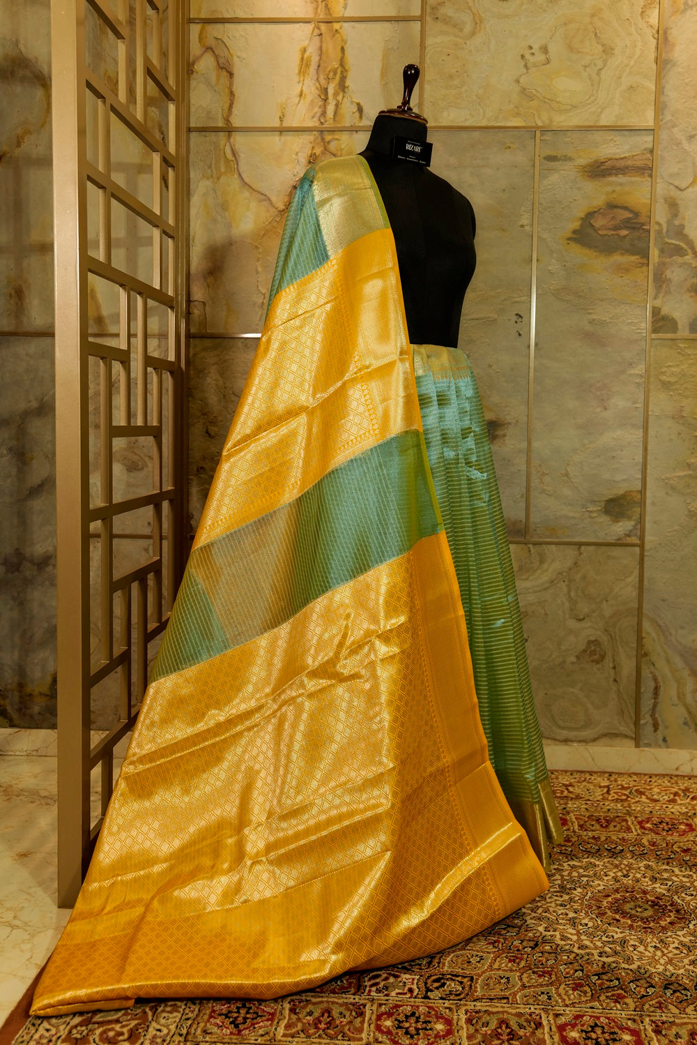 Pastel Blue Tissue Saree with contrast yellow Pallu and Blouse Piece