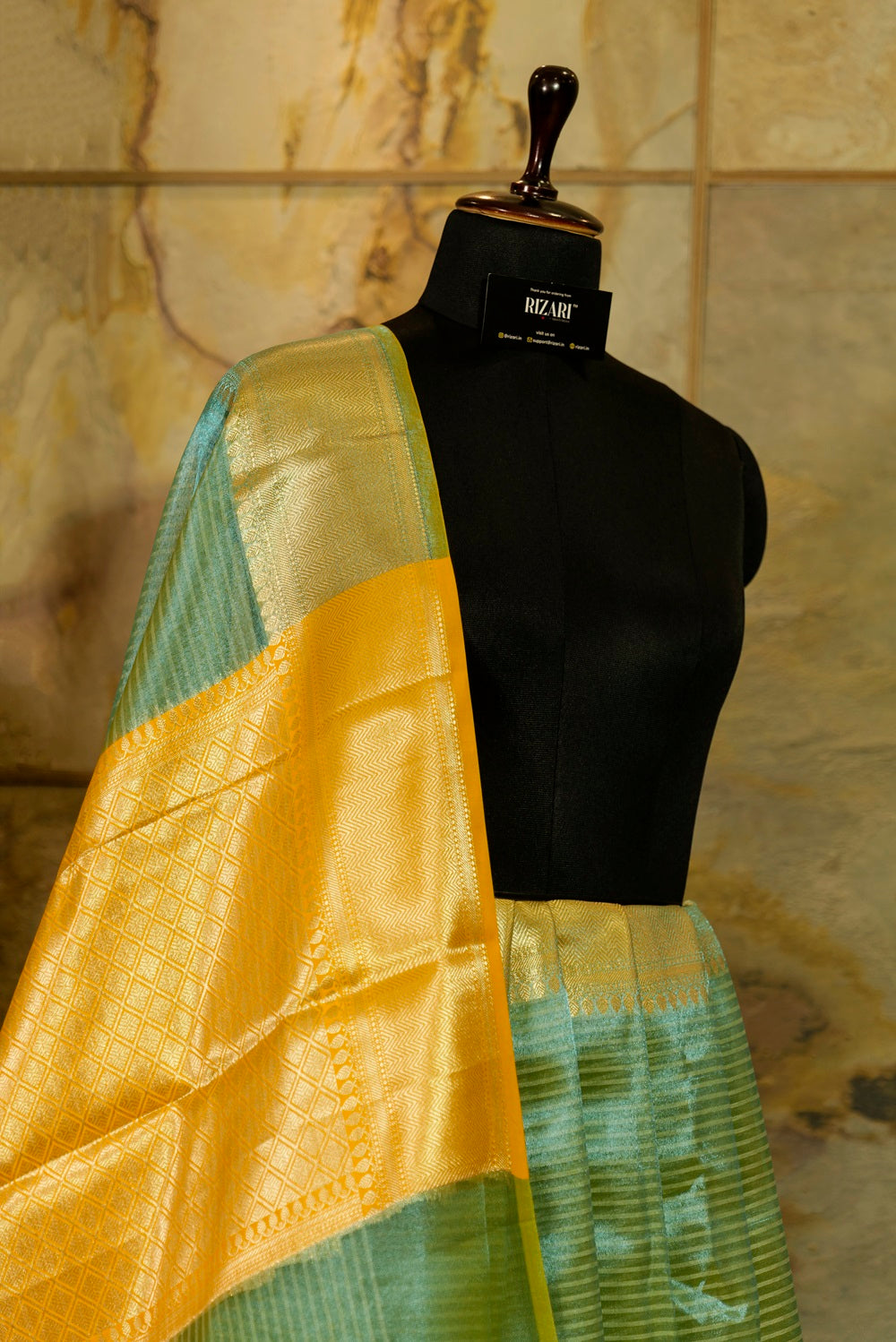 Pastel Blue Tissue Saree with contrast yellow Pallu and Blouse Piece