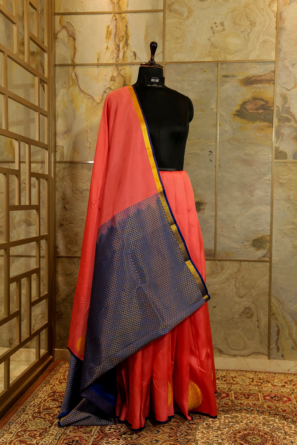 Bright Peach Kanjivaram Silk Saree with contras blue Pallu