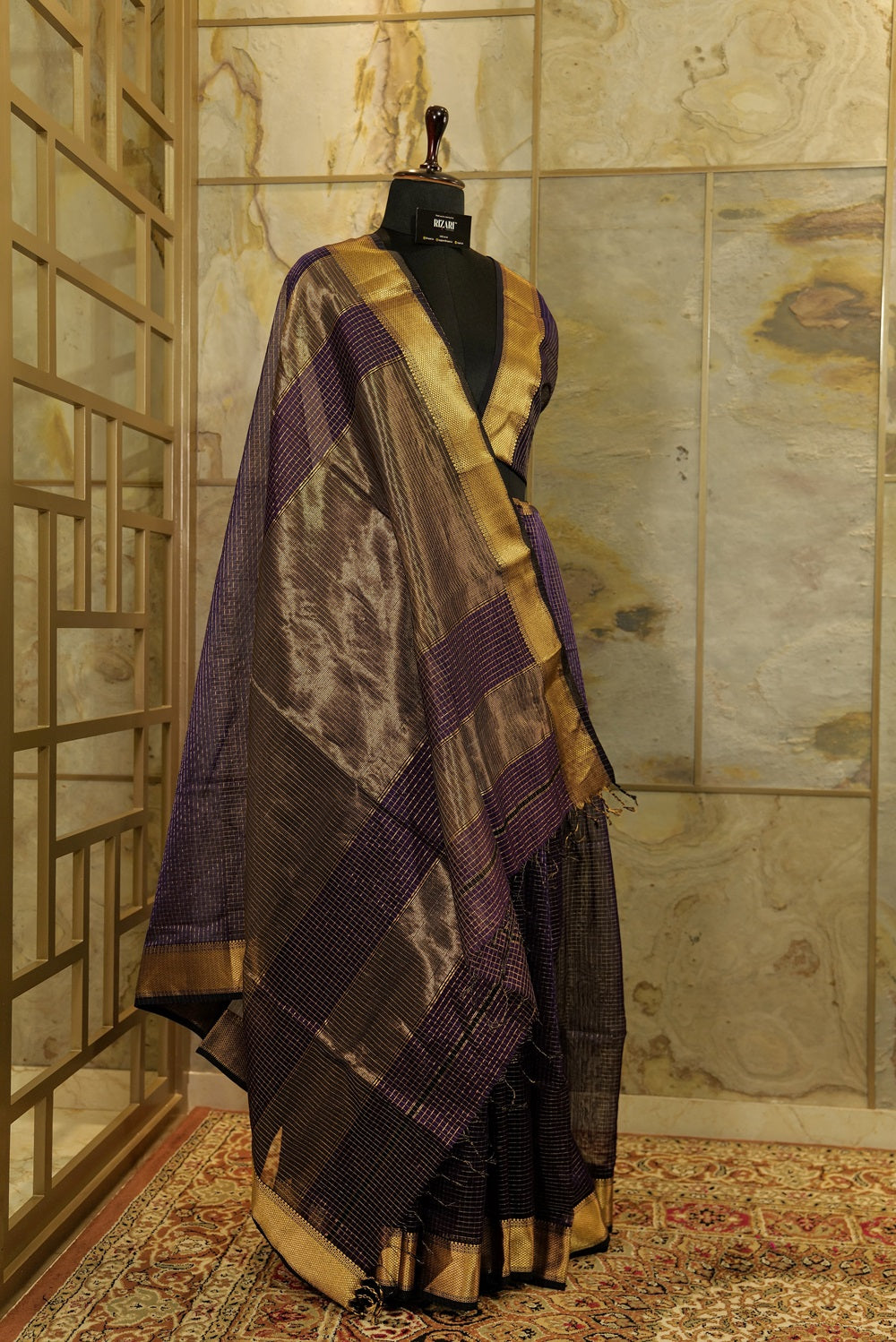 Purple Maheshwari Checkered Silk Saree