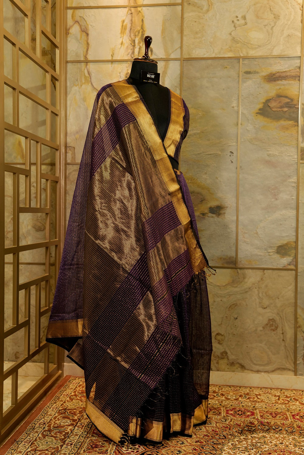 Purple Maheshwari Checkered Silk Saree