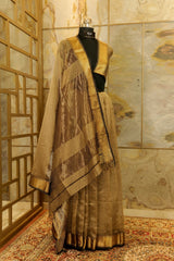 Beige Maheshwari Silk Gold Checkered Saree