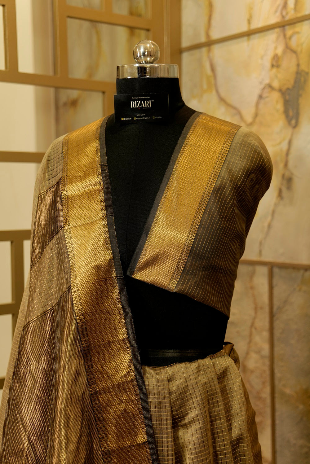 Beige Maheshwari Silk Gold Checkered Saree