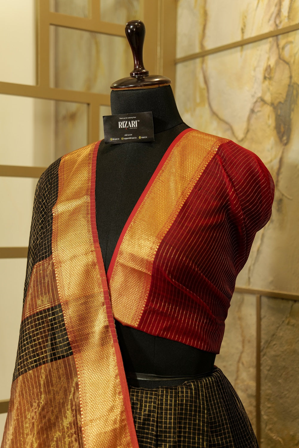 Black Maheshwari Silk Checkered Saree