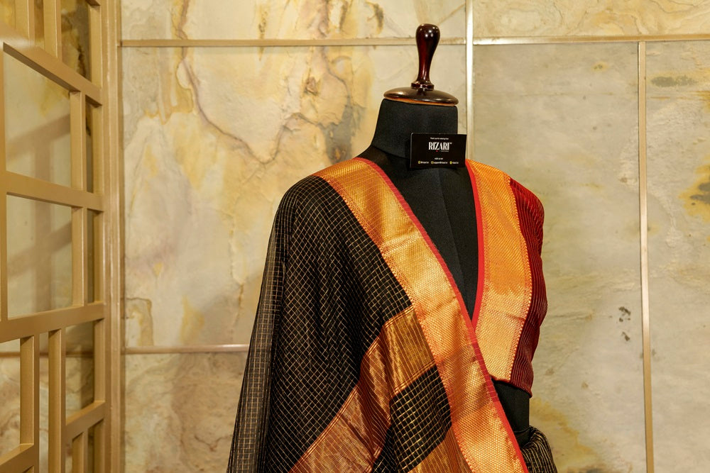 Black Maheshwari Silk Checkered Saree