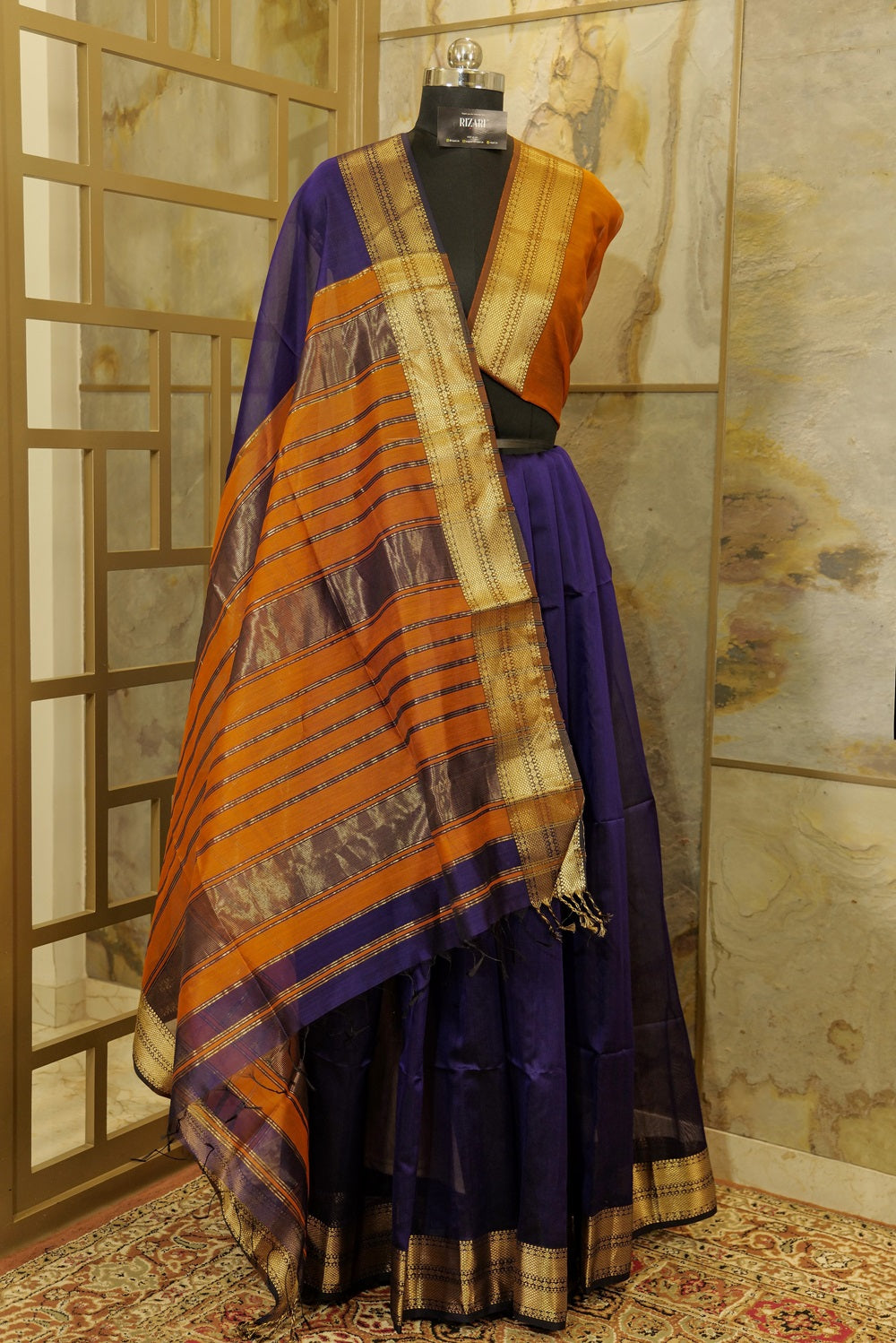 Purple Maheshwari Silk Saree with Rust Pallu