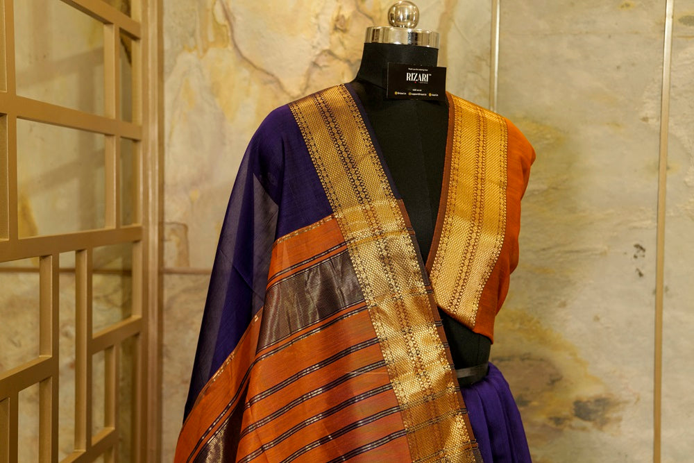 Purple Maheshwari Silk Saree with Rust Pallu