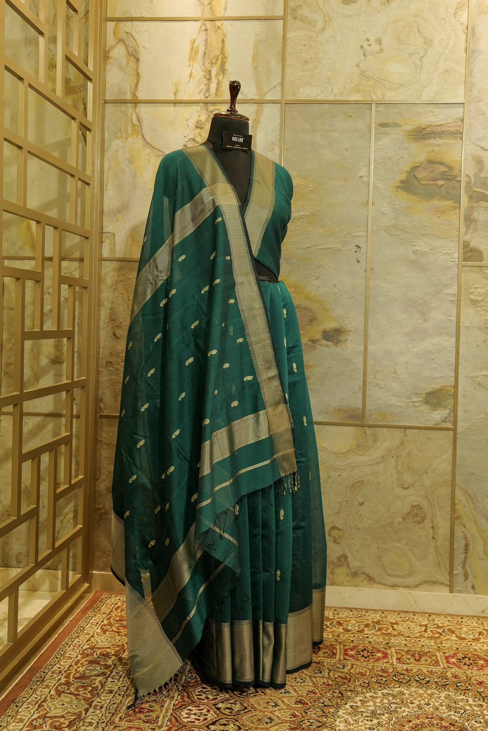 Green Maheshwari Saree with Resham Buttas