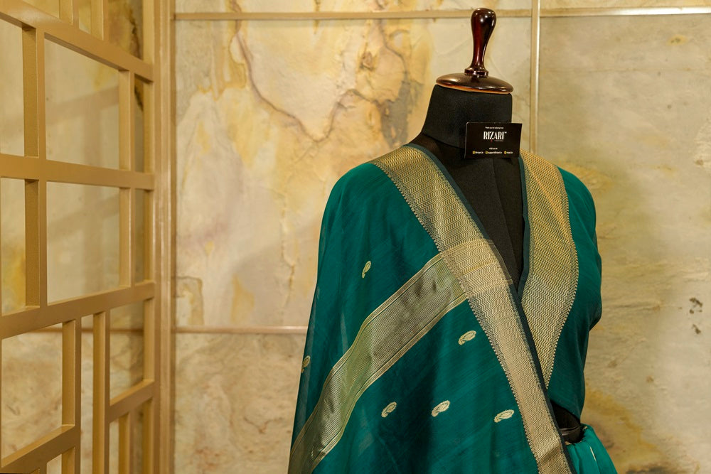 Green Maheshwari Saree with Resham Buttas