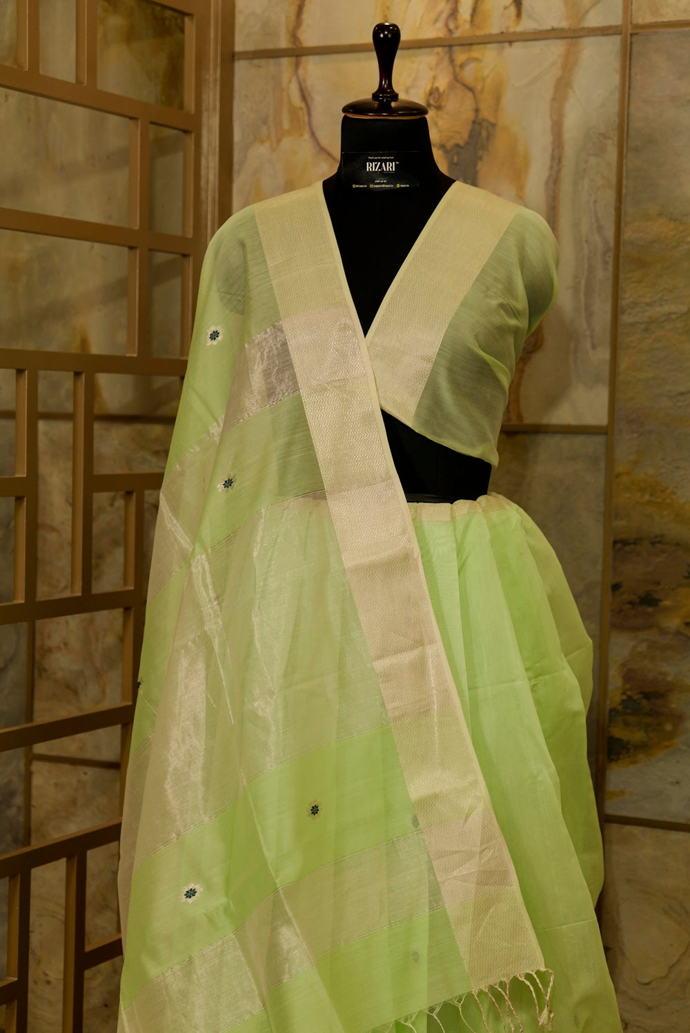 Pista green Maheshwari saree with Mina Buttas