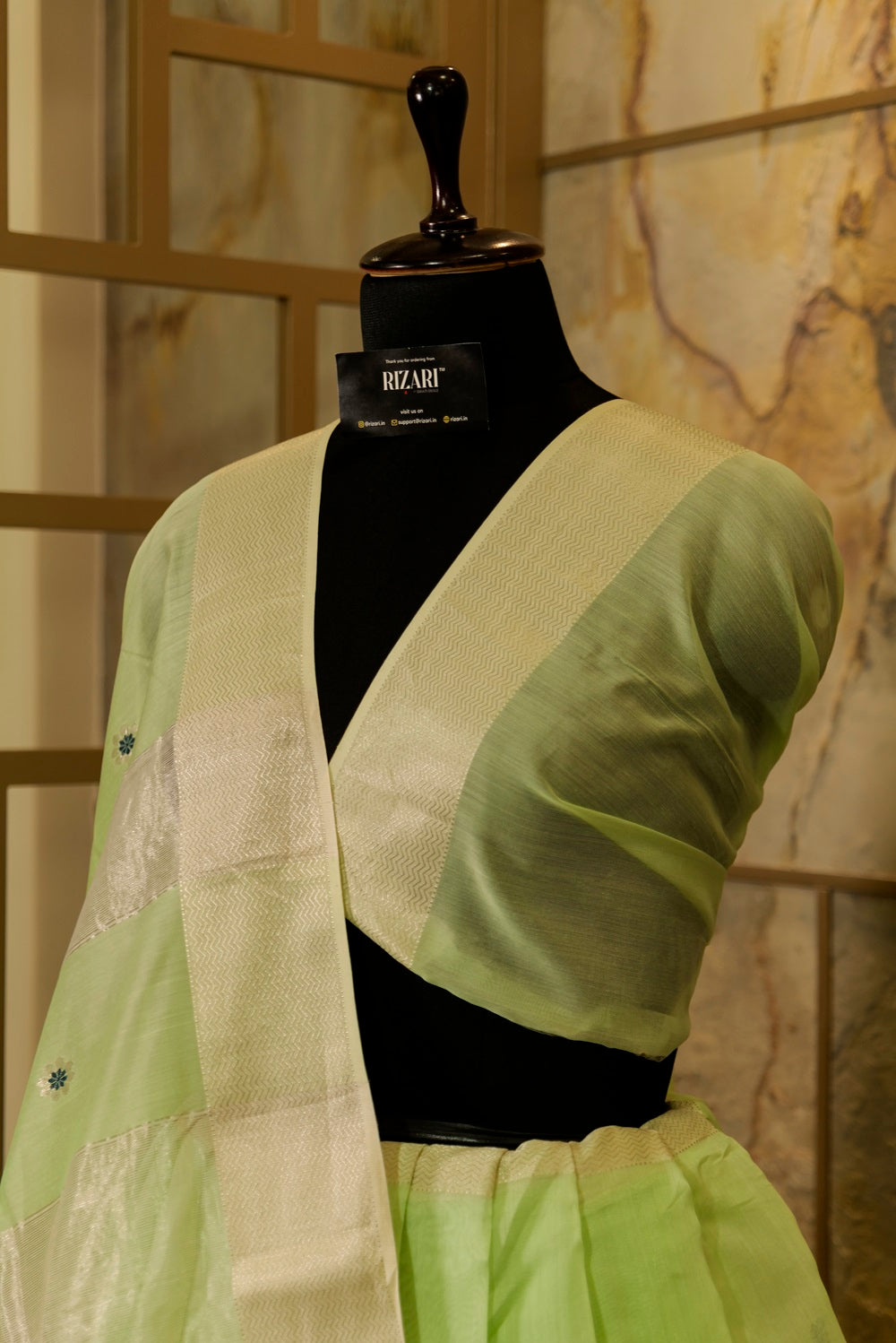 Pista green Maheshwari saree with Mina Buttas