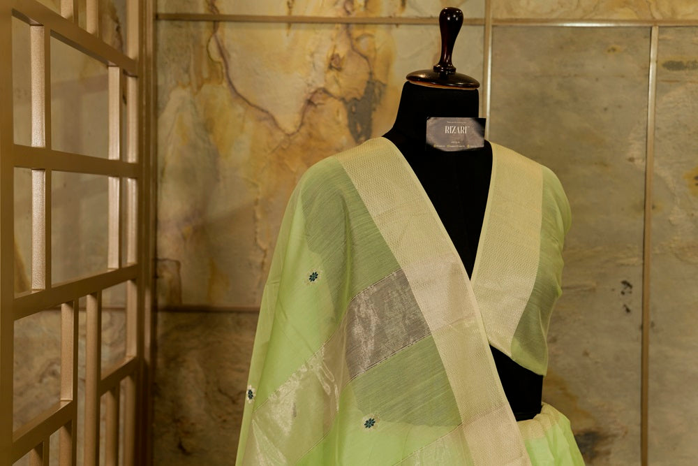 Pista green Maheshwari saree with Mina Buttas