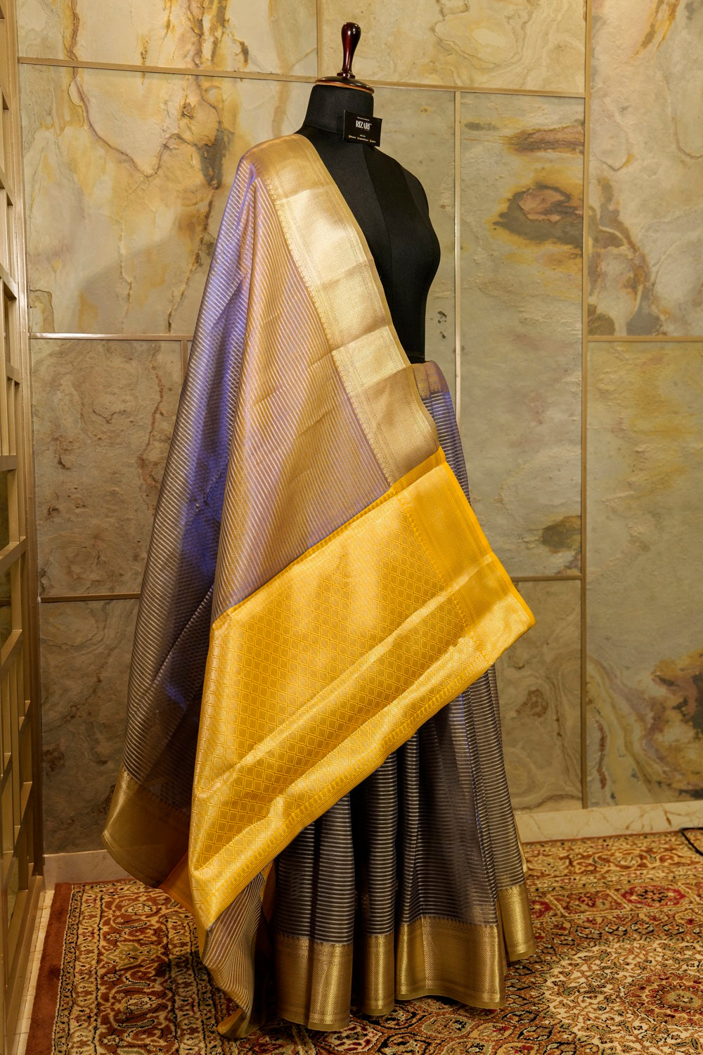 Purple Tissue Saree  with contrast yellow Pallu and Blouse Piece