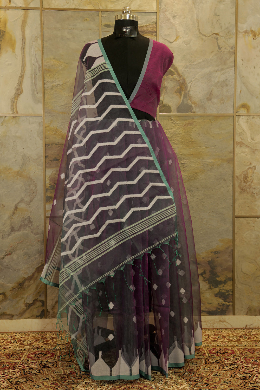 Green and Purple Dual Tone Jamdani Resham Saree Handwoven