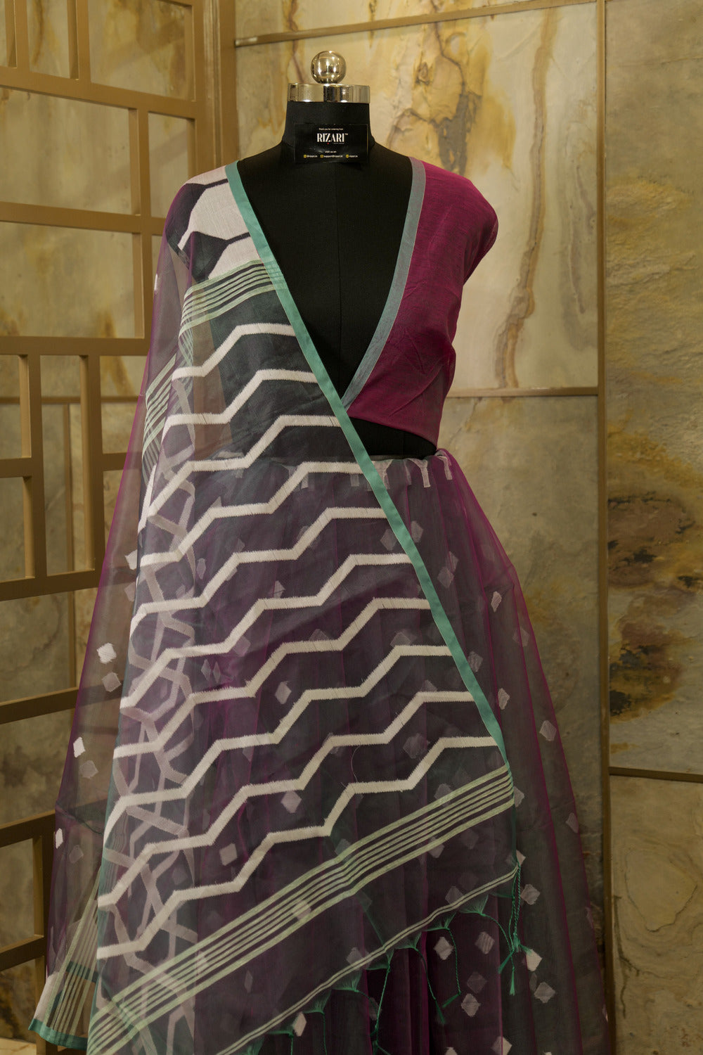 Green and Purple Dual Tone Jamdani Resham Saree Handwoven