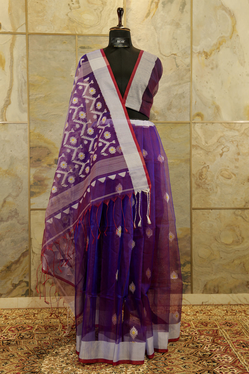 Dual tone Purple and Red Benarasi Jamdani Resham Handwoven Saree