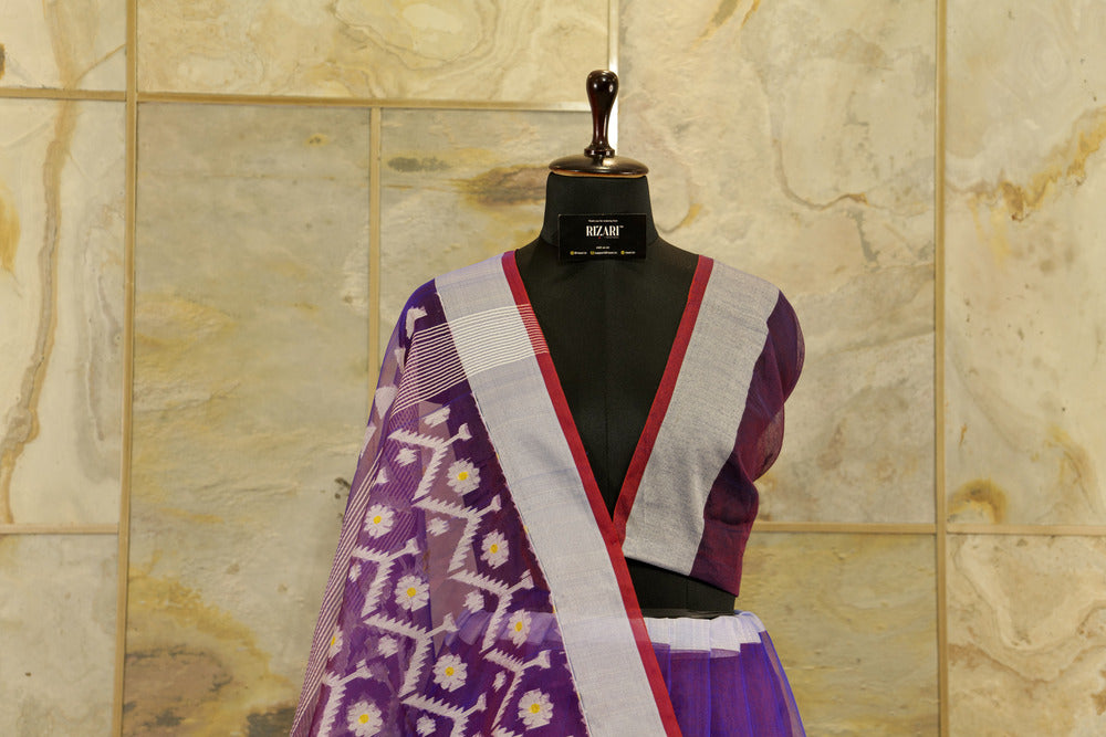 Dual tone Purple and Red Benarasi Jamdani Resham Handwoven Saree