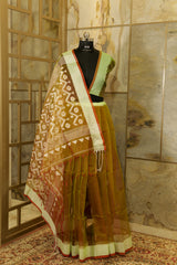 Dual tone Olive green and red Benarasi Jamdani Resham Handwoven Saree