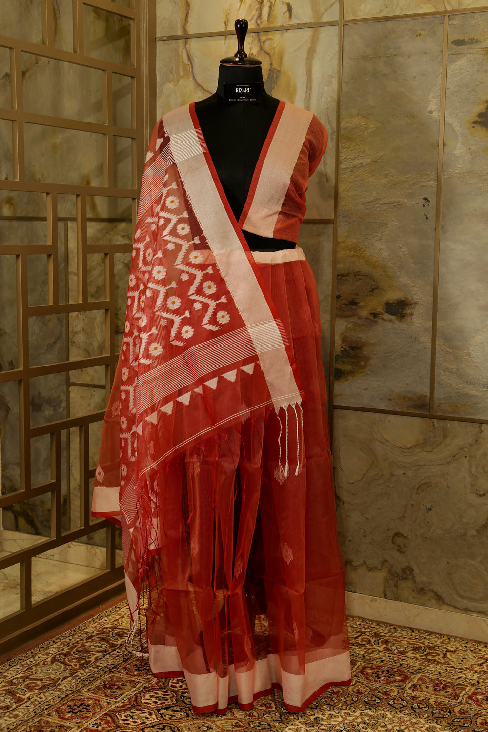 Carrot Red Exclusive Handwoven Jamdani Benarasi Saree