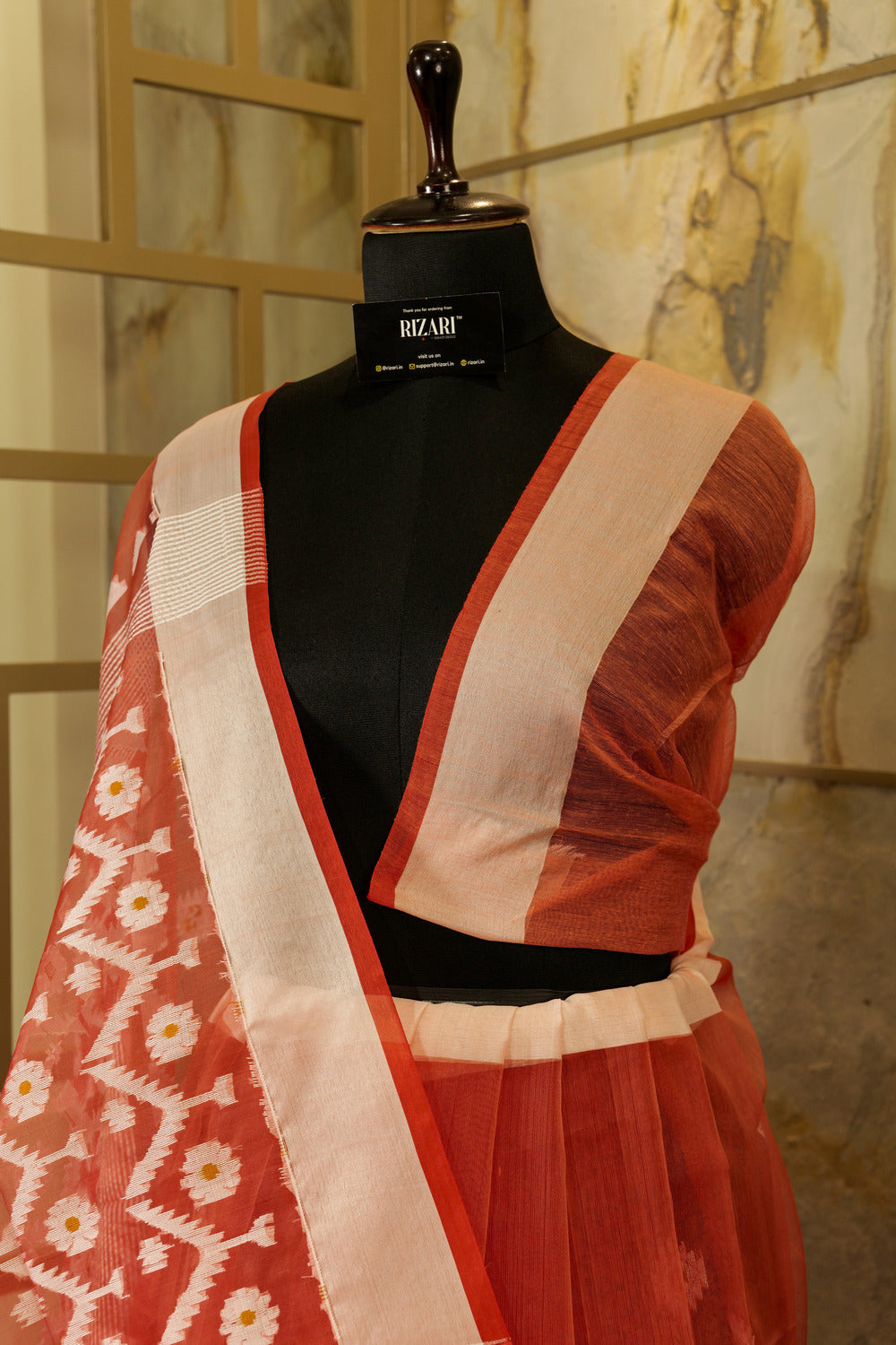 Carrot Red Exclusive Handwoven Jamdani Benarasi Saree