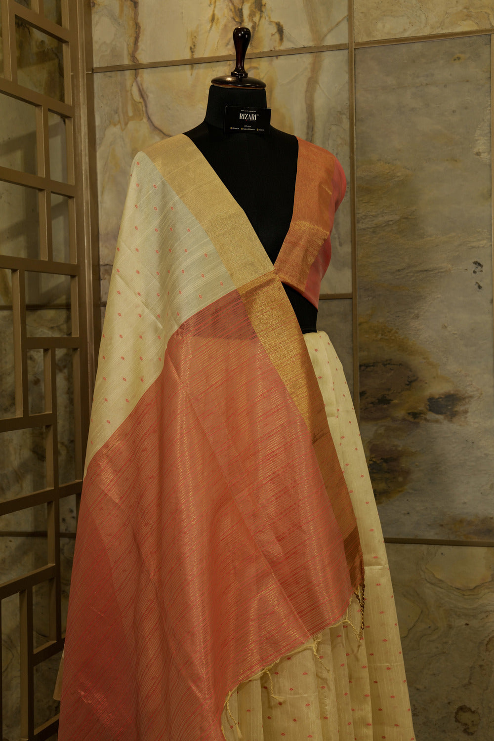 Off White and Pink Saree with buttas all over