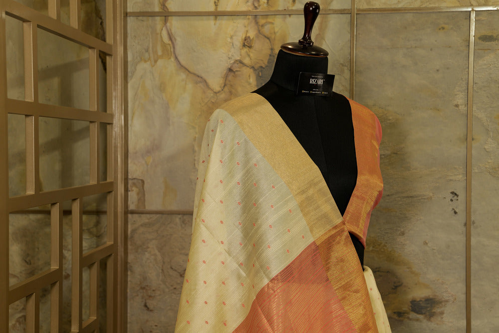 Off White and Pink Saree with buttas all over