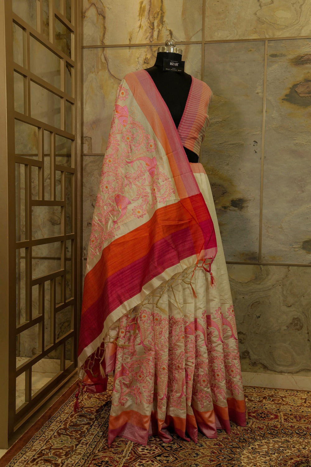 Off White Tussar Saree with fish motif Madhubani embroidery work