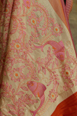 Off White Tussar Saree with fish motif Madhubani embroidery work